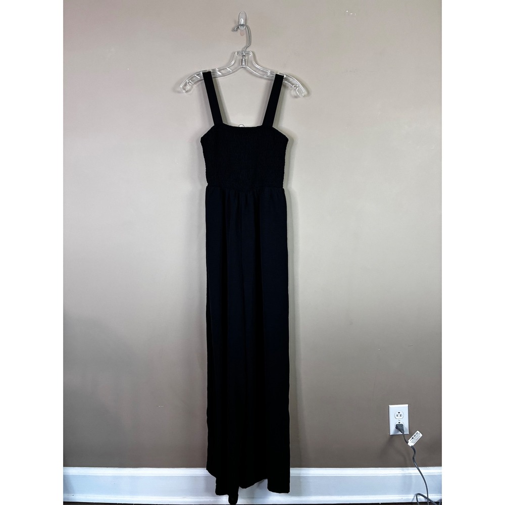 Black Smocked Wide Leg Jumpsuit Sleeveless Square Neck with Pockets Size Small